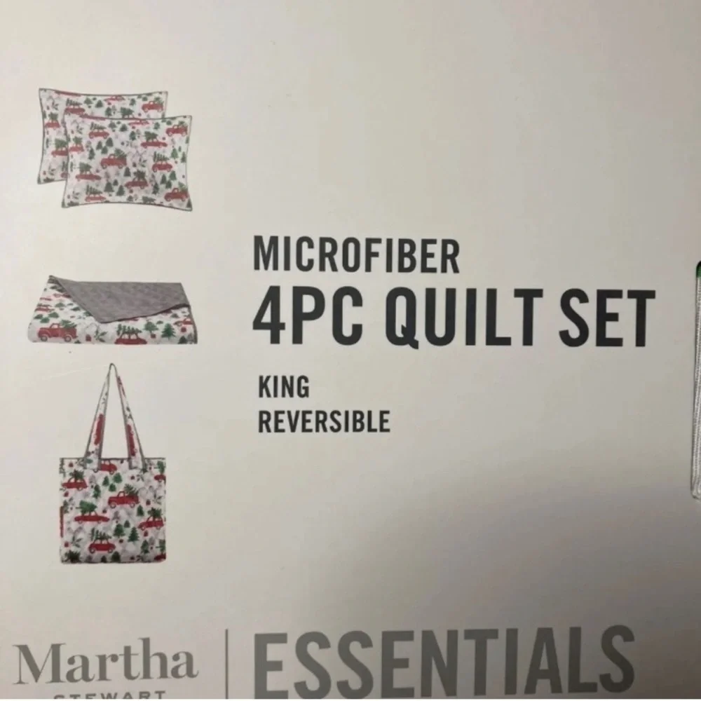 Martha Stewart King Reversible Christmas Truck Quilt w/tote+ shams NEW